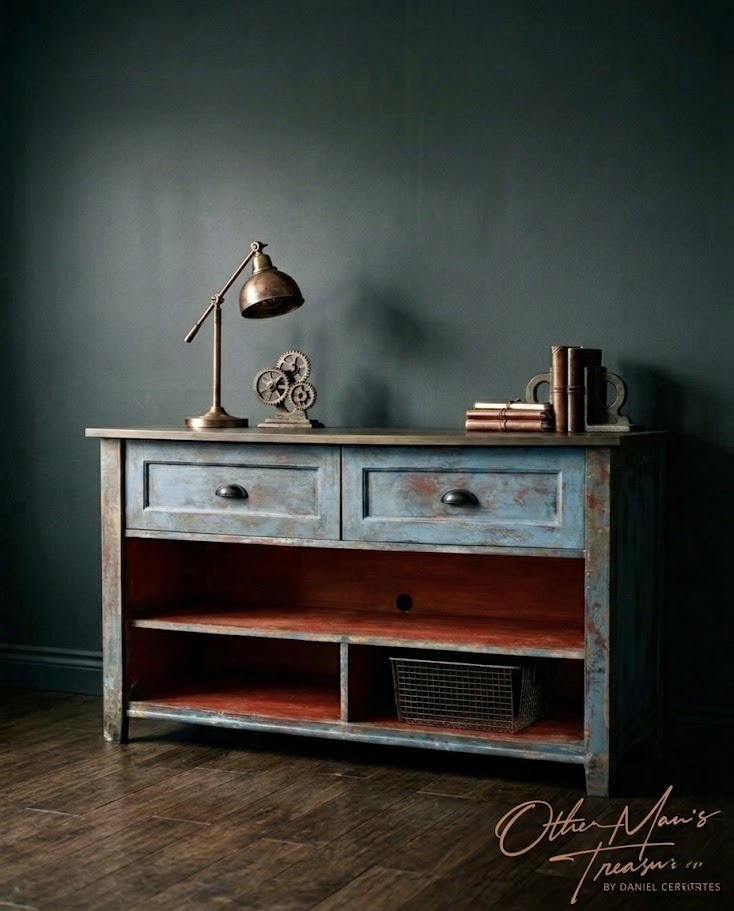 Vintage wooden media console featuring a distressed blue patina finish, warm coral shelving, and industrial bronze hardware.