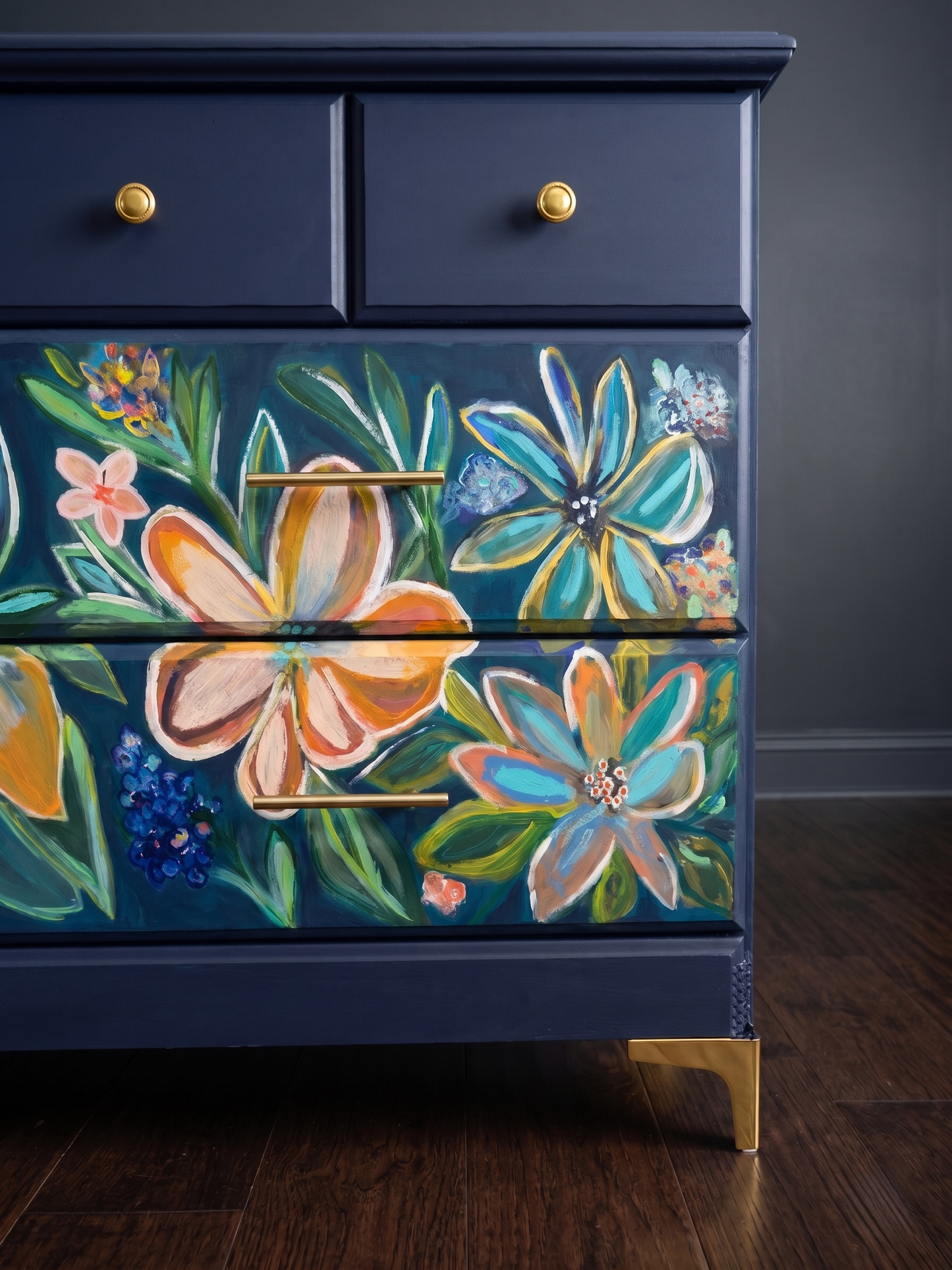 Stunning Hand-Painted Navy Floral Dresser