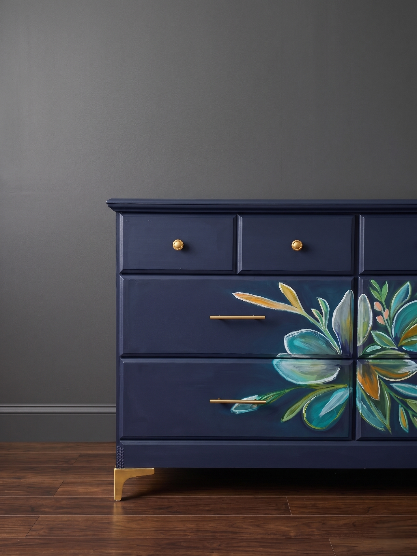 Stunning Hand-Painted Navy Floral Dresser