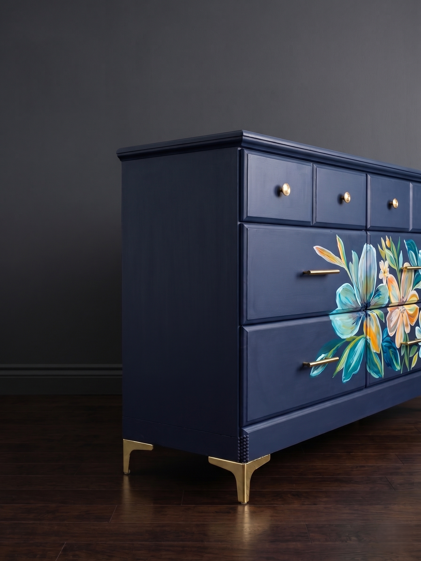 Stunning Hand-Painted Navy Floral Dresser