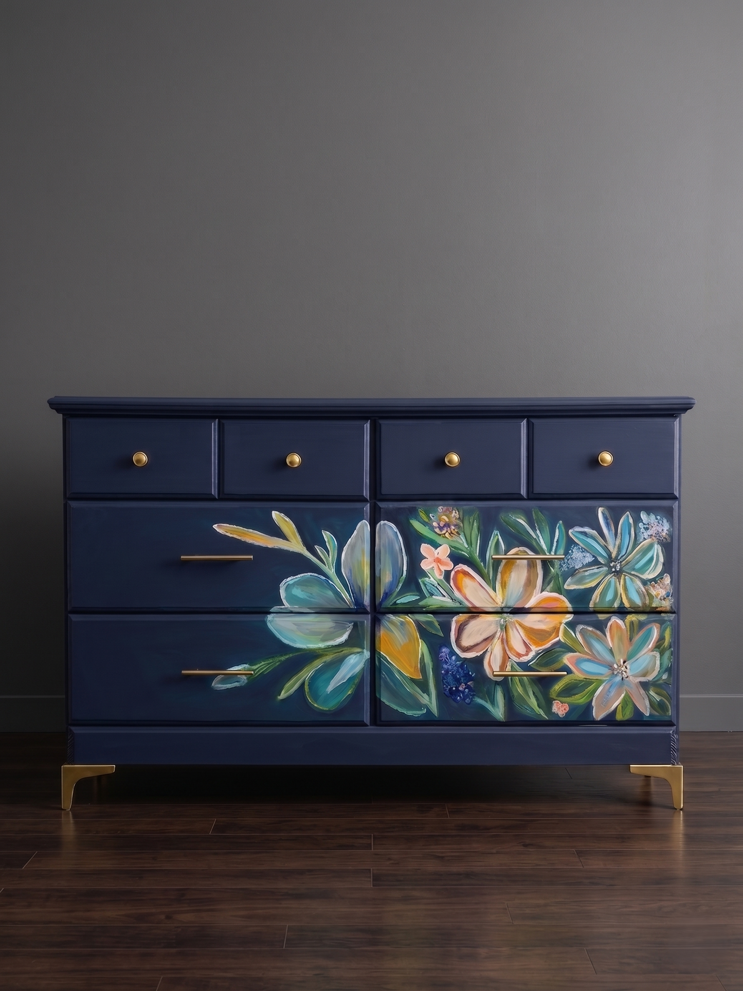 Stunning Hand-Painted Navy Floral Dresser